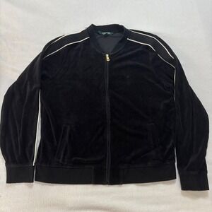 Lauren Ralph Lauren Black Velour Track Jacket Full Zip White Piping Womens L